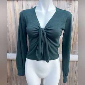 Abercrombie & Fitch Emerald Green Long Sleeve Front Tie V-Neck Crop Top